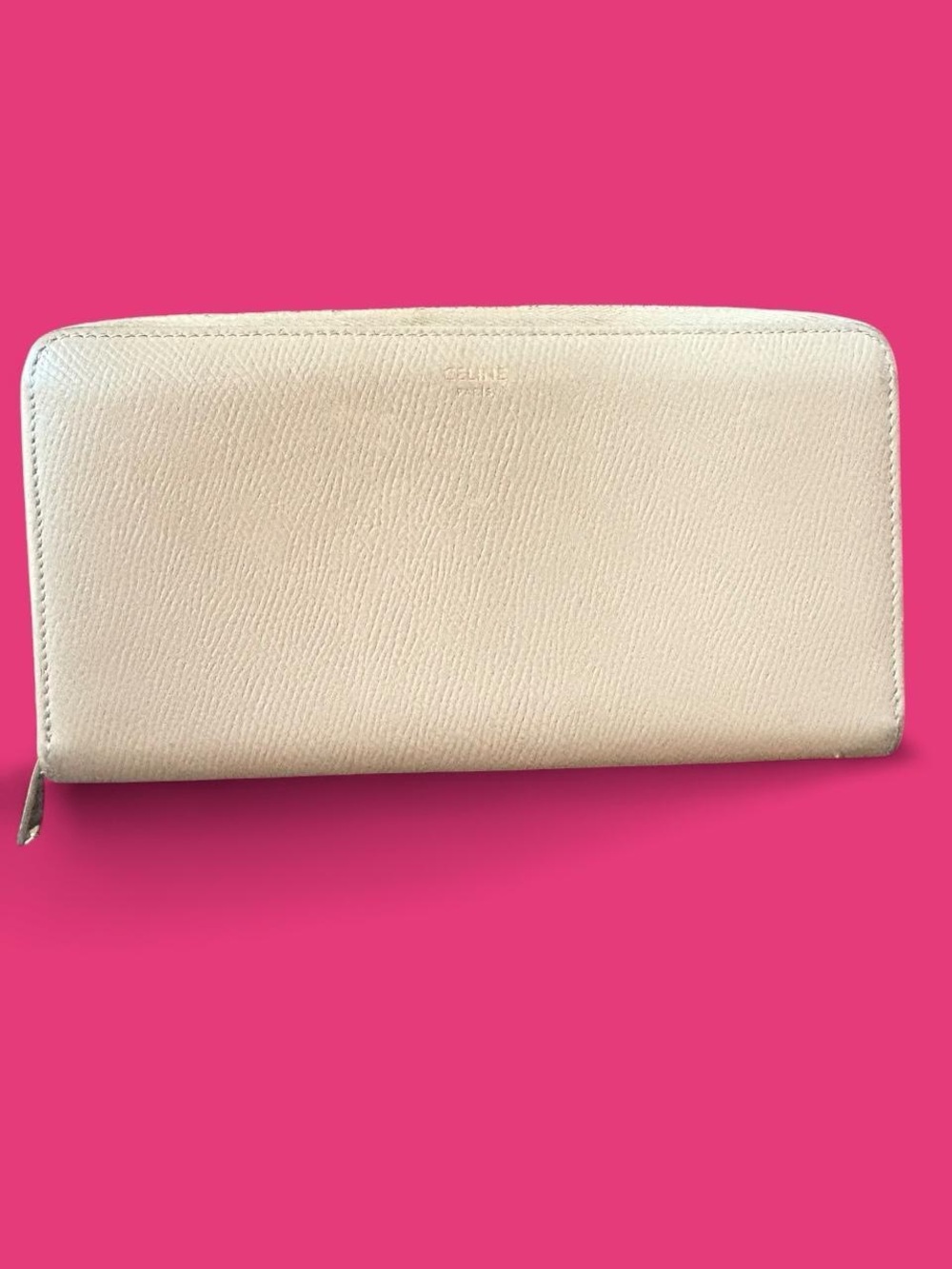 CELINE Cream Zip-Around Saffiano Leather Wallet